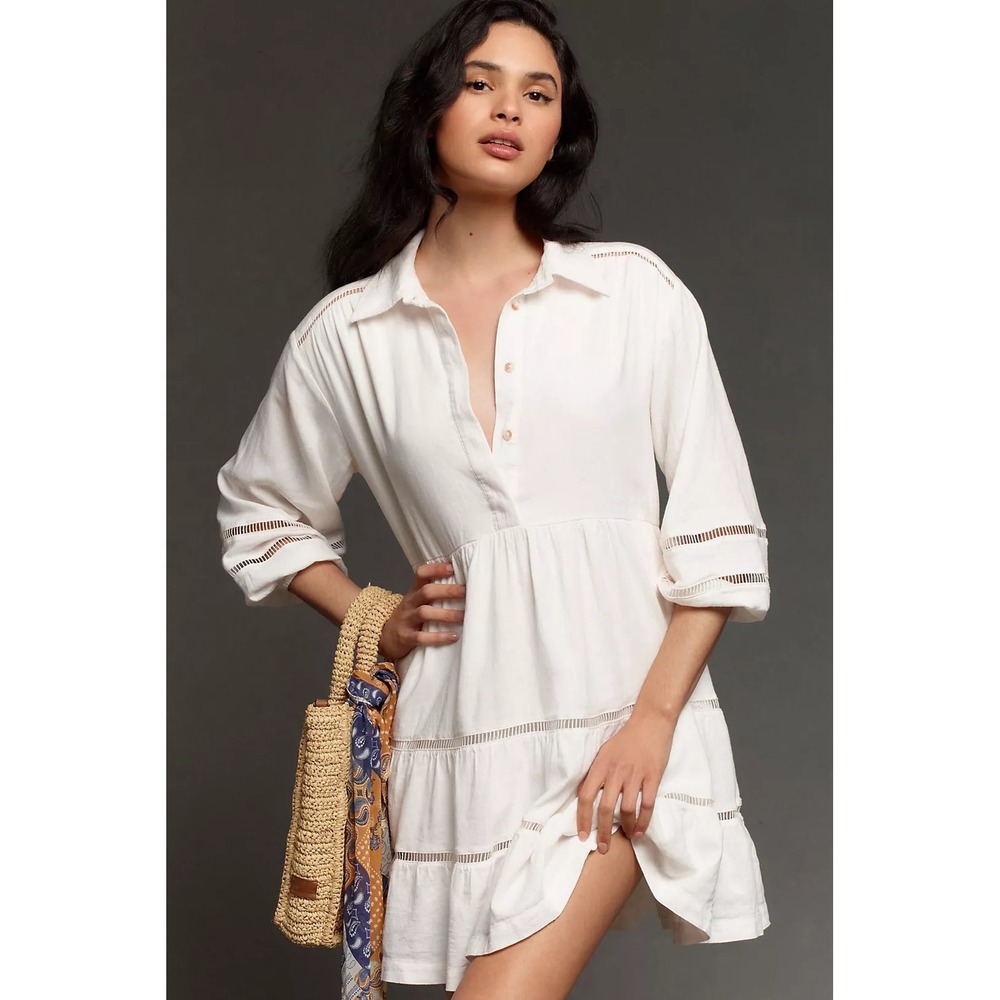 Maeve The Bettina Tiered Mini Shirt Dress Linen Edition White Medium Button Down
